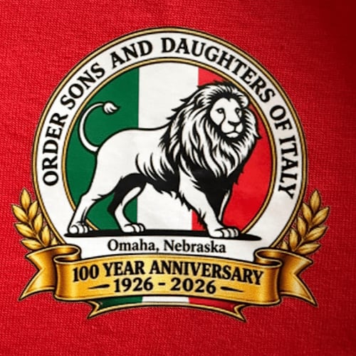 Sons and Daughters of Italy 100 Year Anniversary emblem with lion and Italian flag, 1926 to 2026, Omaha Nebraska